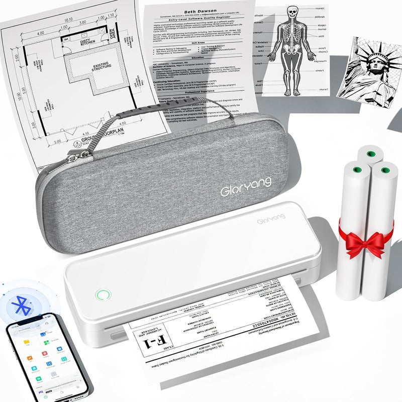 Gloryang Inkless Portable Printer for Travel, Wireless Thermal Printer Supports 8.5 x 11 Inch US Letter Size, Bluetooth Machine Includes Carry Case and 3 Rolls of Thermal Paper Kit, White - Image 1